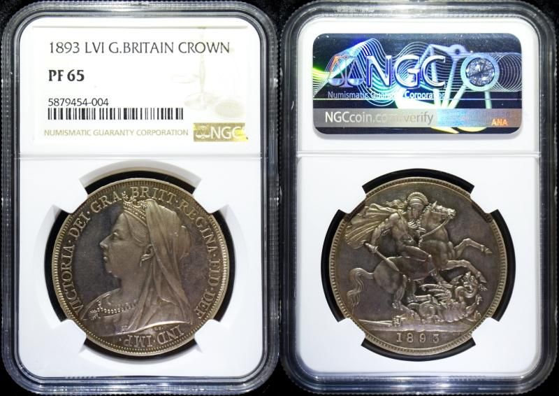 イギリス 1893年LVI ヴィクトリアオールド CROWN銀貨 NGC PF65