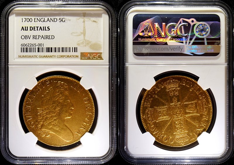 イギリス 1700年 ウィリアム3世 5ギニー金貨 NGC AU-Details