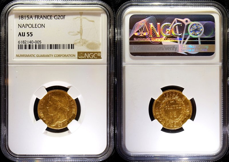 フランス 1815A ナポレオン1世 百日天下 20Fr金貨 NGC AU55 - 名古屋 創業65年 時遊屋 古銭・アンティークコイン・切手専門店