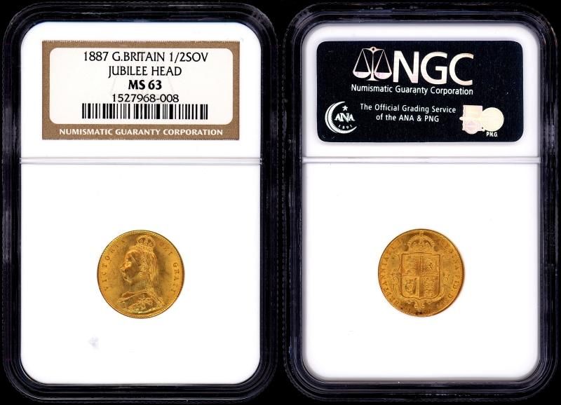 イギリス 1887年 ヴィクトリア女王 ジュビリーヘッド 1/2ソブリン金貨 NGC MS63 - 名古屋 創業65年 時遊屋  古銭・アンティークコイン・切手専門店