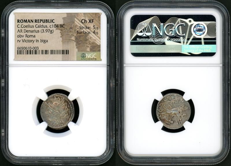 古代ローマ コエリウス・カルドゥス デナリウス銀貨 NGC ChXF 5/5 4/5 