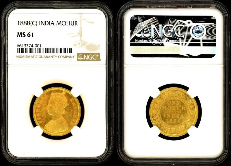 英領インド 1888年 ヴィクトリア女王 Mohur金貨 NGC MS61 - 名古屋 