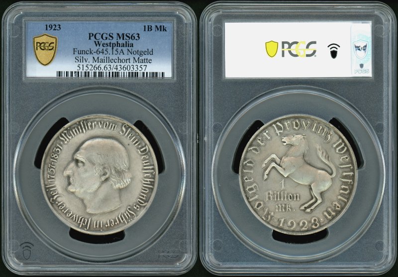 ドイツ ヴェストファーレン 1923年 1兆マルク洋銀貨 PCGS MS63