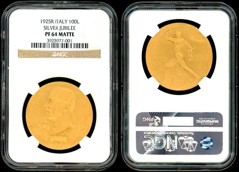 イタリア 1925R 大戦参戦10年 100LIRE金貨 NGC PF64MATTE - 名古屋