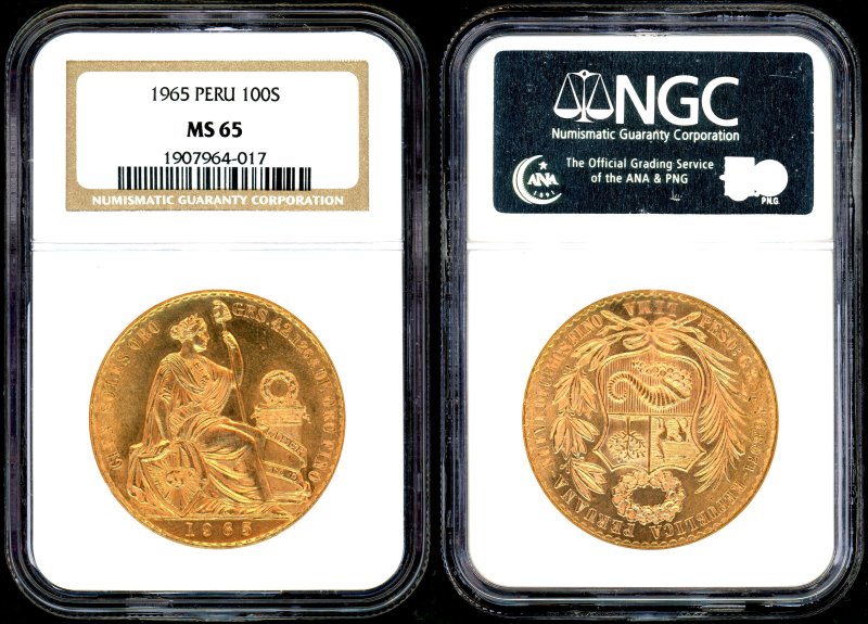 ペルー 1965年 女神座像 100ソル金貨 NGC MS65 - 名古屋 創業65年 時