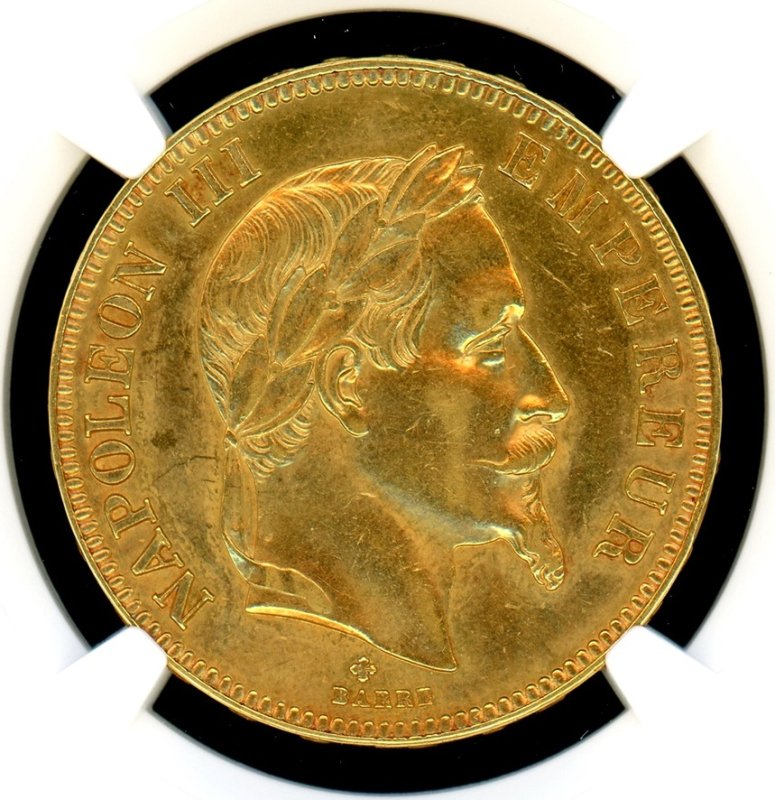 フランス 1863BB ナポレオン3世 有冠 100Fr金貨 NGC AU-Details