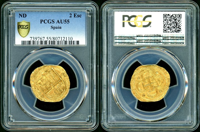 スペイン ND フェリペ2世 2エスクード金貨 PCGS AU55(No