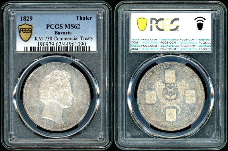 ドイツ バイエルン 1829年 4か国通商条約記念 Thaler銀貨 PCGS MS62