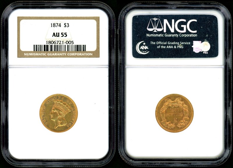 アメリカ 1874年 インディアンヘッド 3ドル金貨 NGC AU55 - 名古屋