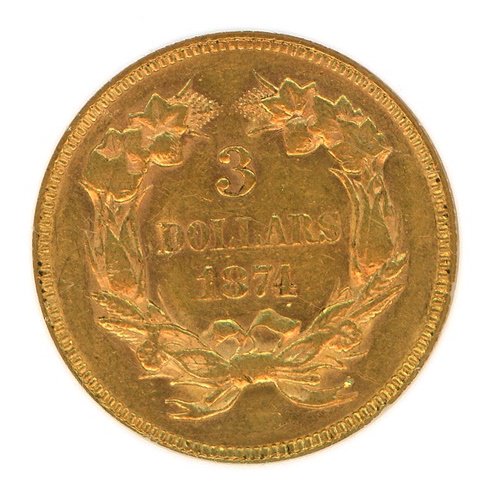 アメリカ 1874年 インディアンヘッド 3ドル金貨 NGC AU55 - 名古屋