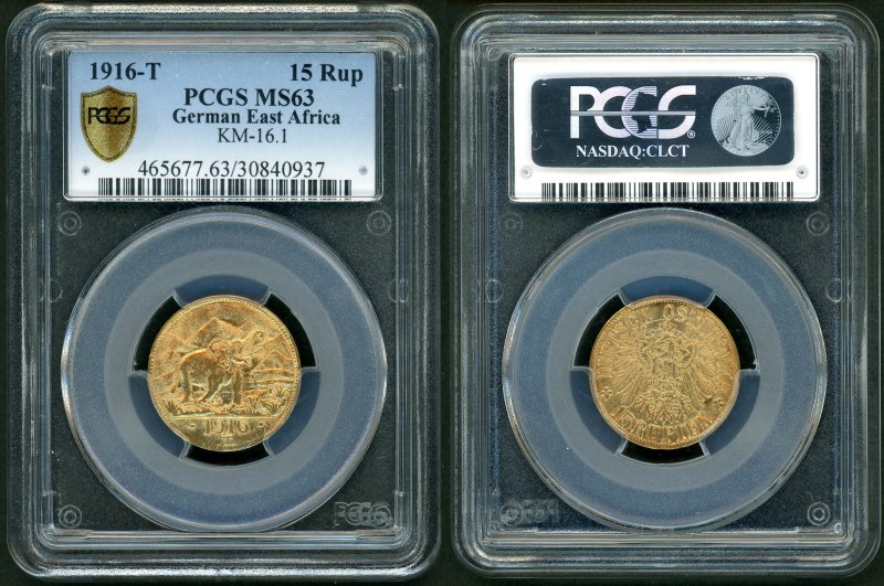 ドイツ領東アフリカ 1916T 象 15ルピエン金貨 PCGS MS63 - 名古屋 創業 