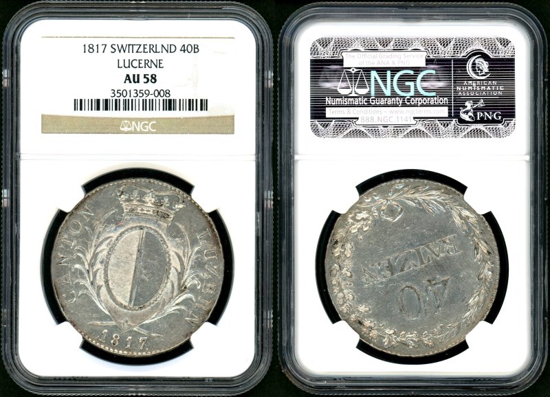 スイス ルツェルン 1817年 40Batzen銀貨 NGC AU58 - 名古屋 創業65年 時遊屋 古銭・アンティークコイン・切手専門店