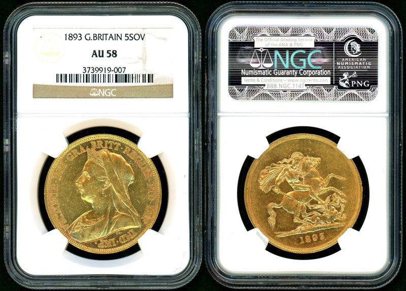 イギリス 1893年 オールドヘッド 5ポンド金貨 NGC AU58 - 名古屋 創業 