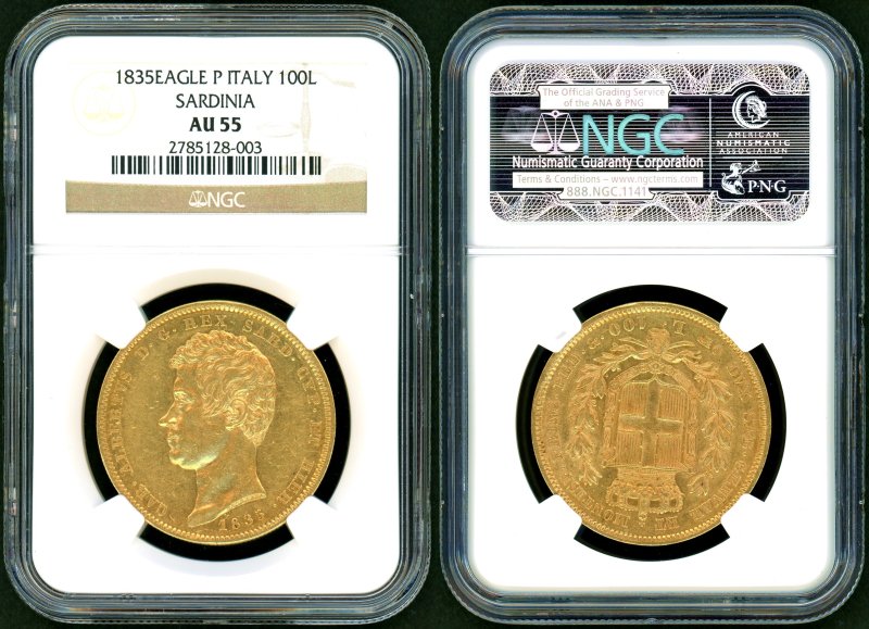 イタリア サルジニア 1835E 100LIRE金貨 NGC AU55 - 名古屋 創業65年