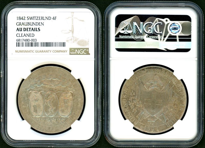 スイス グラウビュンデン射撃祭 1842年 4Franken銀貨 NGC AU-Details - 名古屋 創業65年 時遊屋 古銭・アンティークコイン ・切手専門店