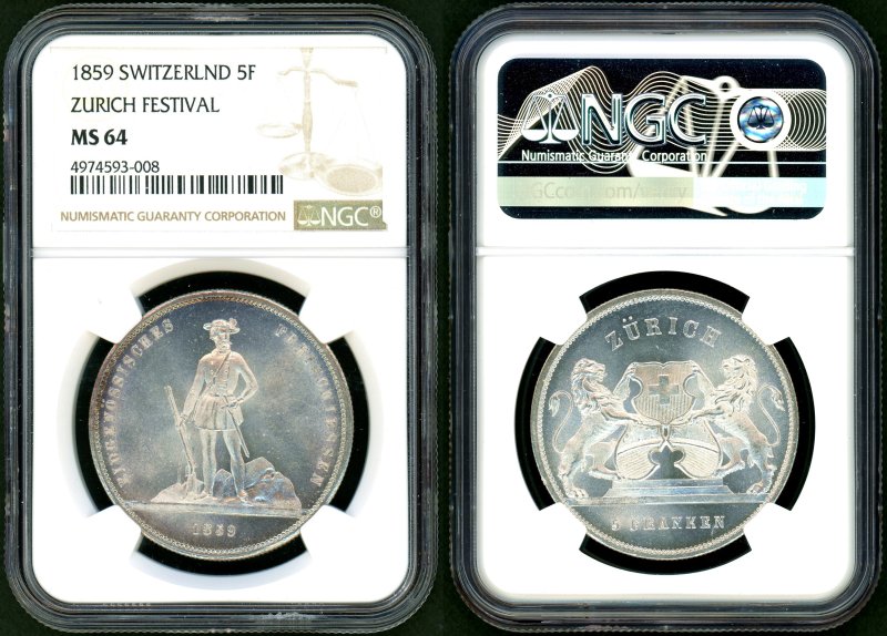 スイス チューリッヒ射撃祭 1859年 4Francs銀貨 NGC MS64 - 名古屋