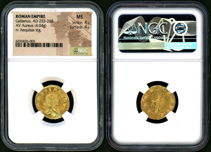 古代ローマ ガリエヌス アウレウス金貨 NGC MS 4/5 4/5 - 名古屋 創業65年 時遊屋 古銭・アンティークコイン・切手専門店