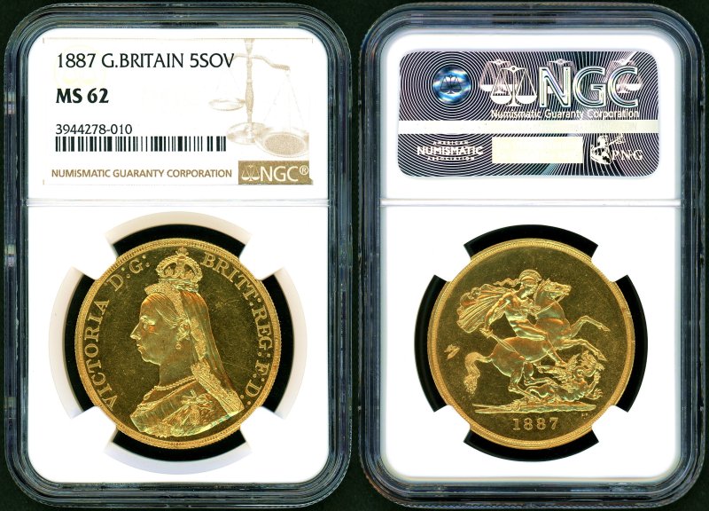 イギリス 1887年 5ポンド金貨 NGC MS62 - 名古屋 創業65年 時遊屋 古銭・アンティークコイン・切手専門店