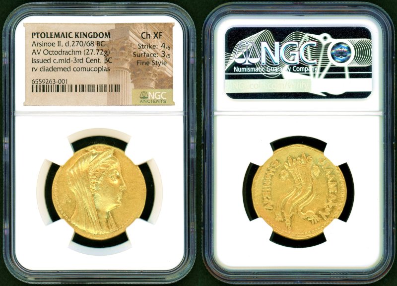 古代プトレマイオス朝エジプト アルシノエ2世 オクタドラクマ金貨 NGC ChXF 4/5 3/5 Fine Style - 名古屋 創業65年  時遊屋 古銭・アンティークコイン・切手専門店