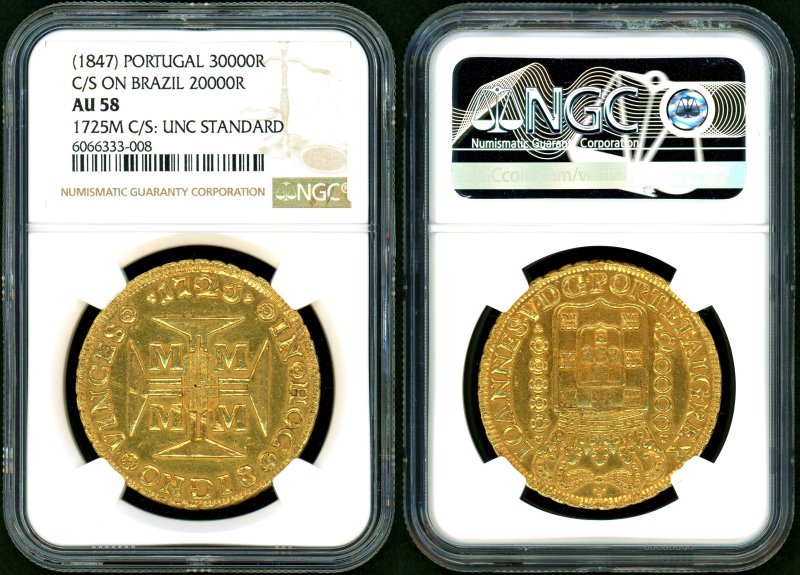 ポルトガル 1847年 30000REIS金貨 加刻印 NGC AU58(No.1) - 名古屋