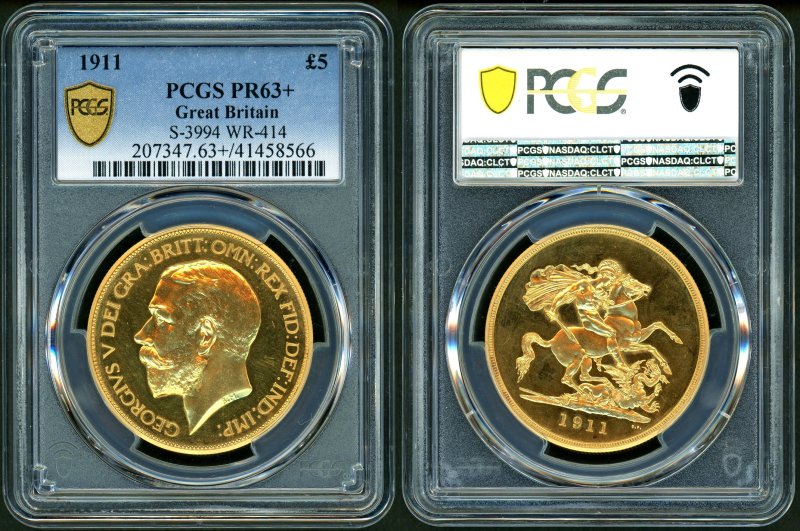 イギリス 1911年 ジョージ5世 5ポンド金貨 PCGS PR63+ - 名古屋 創業65年 時遊屋 古銭・アンティークコイン・切手専門店