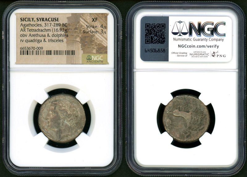 古代ギリシャ シチリア・シラクサ テトラドラクマ アガトクレース NGC XF 4/5 3/5 - 名古屋 創業65年 時遊屋 古銭・アンティークコイン ・切手専門店