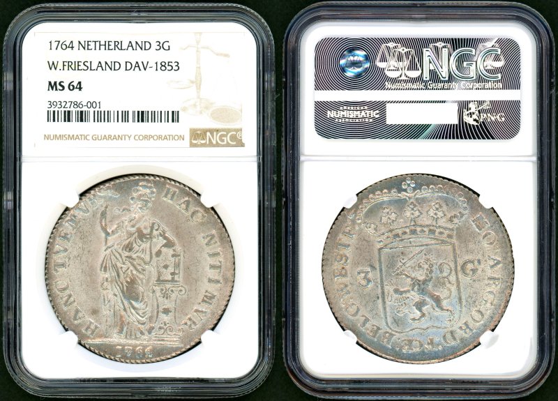 オランダ ウェストフリースランド 1764年 3Gulden銀貨 NGC MS64 - 名古屋 創業65年 時遊屋 古銭・アンティークコイン・切手専門店