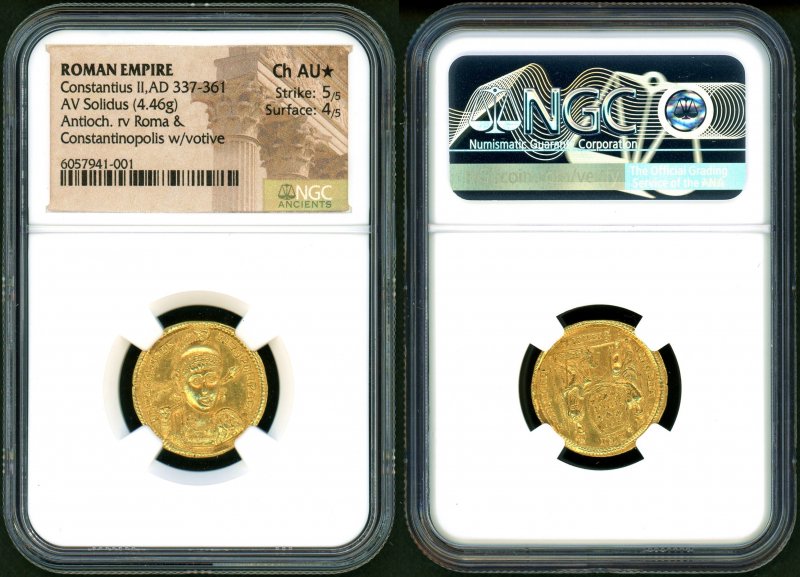 古代ローマ コンスタンティウス2世 Solidus金貨 NGC ChAU☆ 5/5 4/5 - 名古屋 創業65年 時遊屋 古銭 ・アンティークコイン・切手専門店