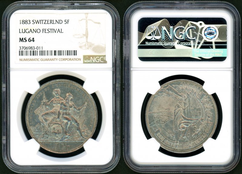 スイス ルガーノ射撃祭 1883年 5Francs銀貨 NGC MS64 - 名古屋 創業65年 時遊屋 古銭・アンティークコイン・切手専門店