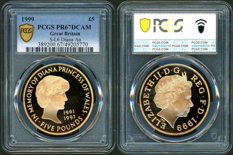 イギリス 1999年 ダイアナ 5ポンド金貨 PCGS PR67DCAM - 名古屋 創業65年 時遊屋 古銭・アンティークコイン・切手専門店