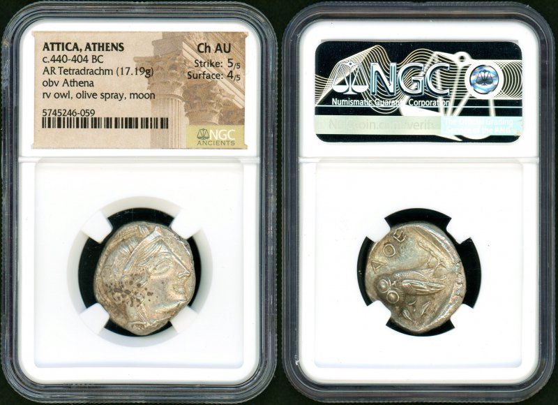 古代ギリシャ アテナ/フクロウ テトラドラクマ銀貨 NGC ChAU 5/5 4/5 - 名古屋 創業65年 時遊屋 古銭・アンティークコイン ・切手専門店