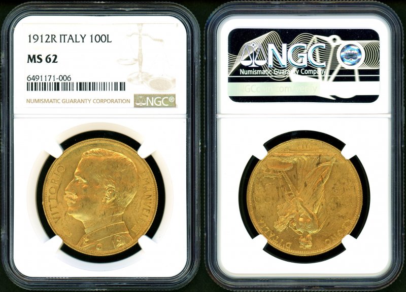 イタリア 1912R 豊穣の女神 100LIRE金貨 NGC MS62 - 名古屋 創業65年 時遊屋 古銭・アンティークコイン・切手専門店