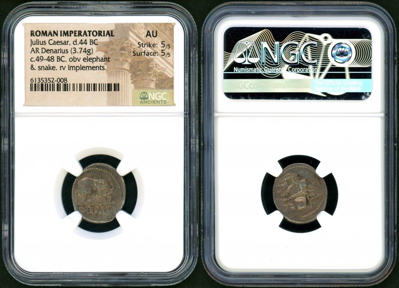 古代 共和政ローマ ユリウス・カエサル Denarius銀貨 NGC AU 5/5 5/5 - 名古屋 創業65年 時遊屋  古銭・アンティークコイン・切手専門店