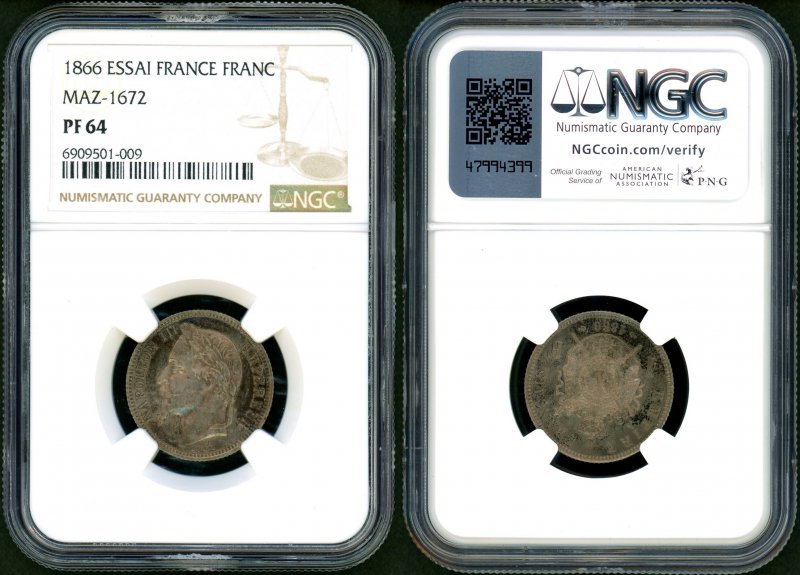 フランス 1866年 ナポレオン3世 ESSAI FRANC銀貨 試作貨タイプ NGC PF64 - 名古屋 創業65年 時遊屋  古銭・アンティークコイン・切手専門店