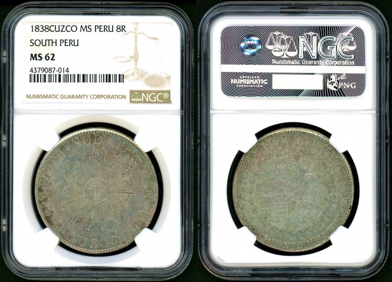 南ペルー 1838年 8レアル銀貨 NGC MS62 - 名古屋 創業65年 時遊屋 古銭・アンティークコイン・切手専門店