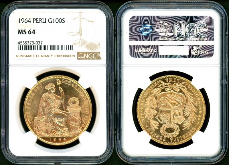 ペルー 1964年 女神座像 100ソル金貨 NGC MS64 - 名古屋 創業65年 時遊屋 古銭・アンティークコイン・切手専門店