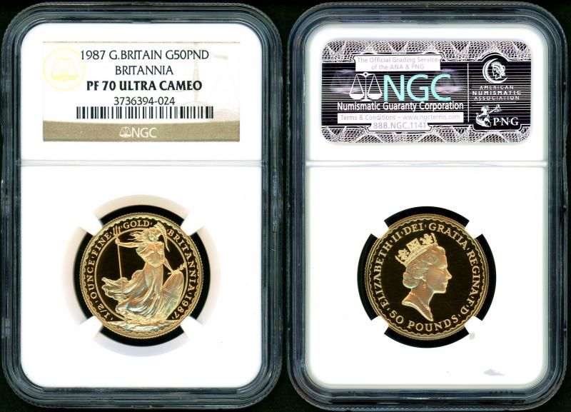 イギリス 1987年 ブリタニア 50ポンド金貨 NGC PF70ULCAM - 名古屋 創業65年 時遊屋 古銭・アンティークコイン・切手専門店