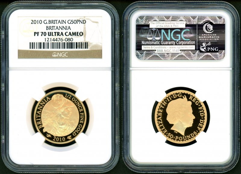 イギリス 2010年 ブリタニア 50ポンド金貨 NGC PF70ULCAM - 名古屋 創業65年 時遊屋 古銭・アンティークコイン・切手専門店