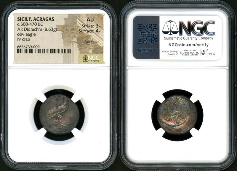 古代シチリア・アクラガス didrachm銀貨 NGC AU 3/5 4/5 flan