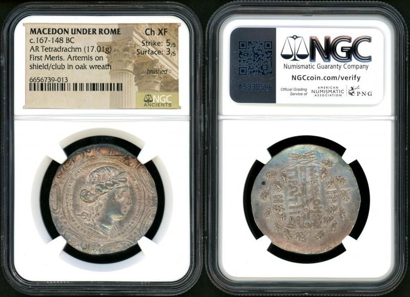 紀元前3~0世紀 ヘレニズム期 銀化重貼玉 超レア！ 古代ローマ統治下マケドニア tetradrachm銀貨 NGC ChXF 5/5 3/5
