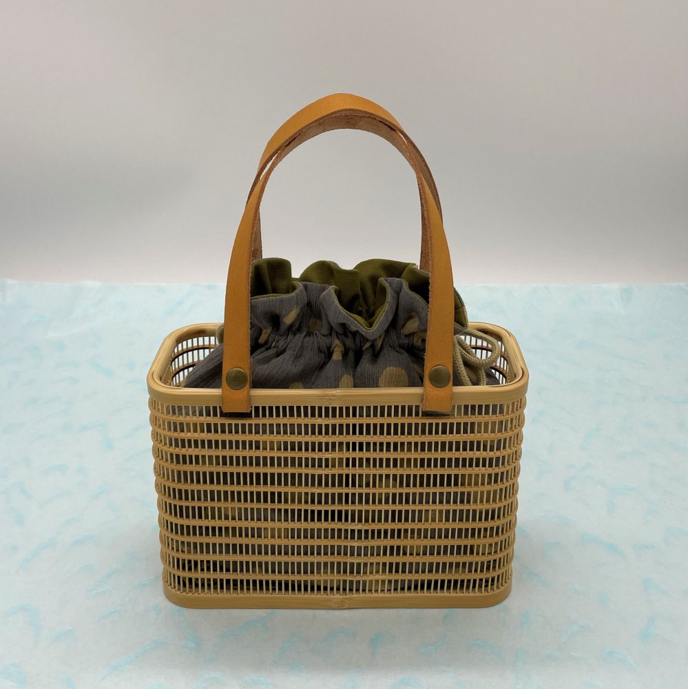 竹バック 竹ひごのバッグ 茶染め巾着袋-竹細工 -夏のバック お茶会バック 日本のお土産