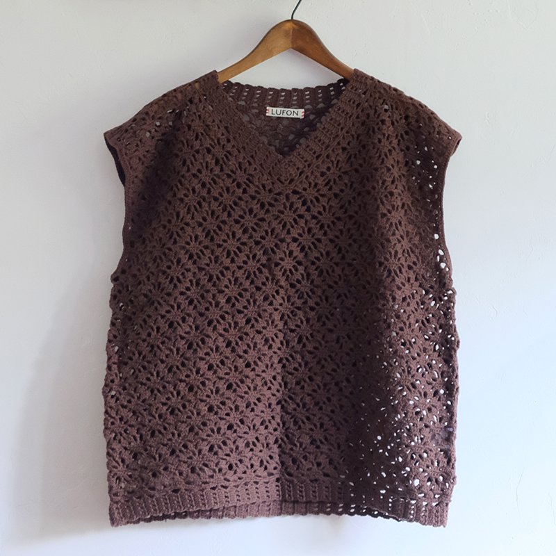 【SALE 50%OFF 】【LUFON ルフォン】CROCHET HAND KNIT VEST SHORT D.BROWN -  in-and-out(インアンドアウト)