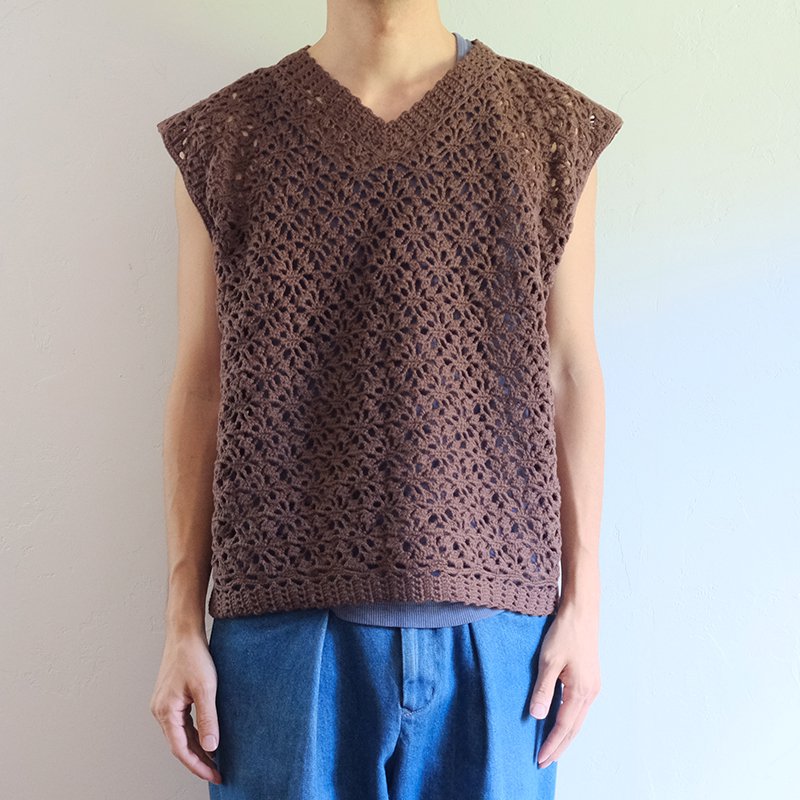 【SALE 50%OFF 】【LUFON ルフォン】CROCHET HAND KNIT VEST SHORT D.BROWN -  in-and-out(インアンドアウト)