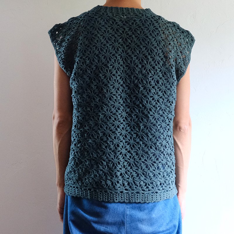 LUFON ルフォン】CROCHET HAND KNIT VEST SHORT GREEN - in-and-out