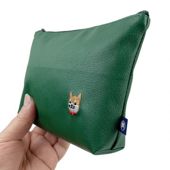 レザークロス/ワンポイント刺繍/マチ付きポーチ/こしば柄/みどり