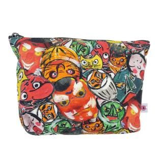 レザークロス/ワンポイント刺繍/マチ付きポーチ/こしば柄/みどり