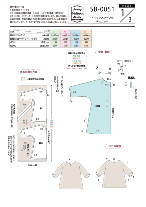 型紙（パターン）販売【型紙ダウンロード販売】ドルマンスリーブの