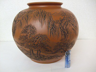 正弥作 朱泥大花瓶（山水彫り11号大丸） - 常滑焼 陶器 陶磁器 販売 