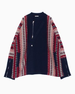 【Tamme】FAIR ISLE FRONT SLIT KNIT JACKET (NAVY × RED)