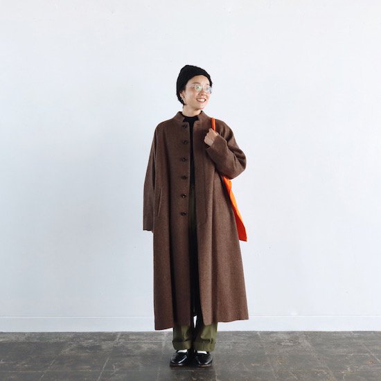 atelier naruse . wool linen tweed stand collar coat . brown